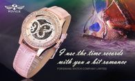 एनालॉग बड़े चेहरे महिला कलाई घड़ियों चमड़ा गुलाबी फैशन हाथ पवन यांत्रिक कलाई घड़ी